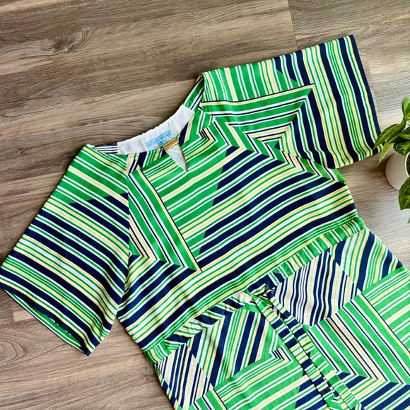Antonio Melani Jenna Dress Spring Green Navy Geometric Stripe Cinched Size 12 - Picture 3 of 13